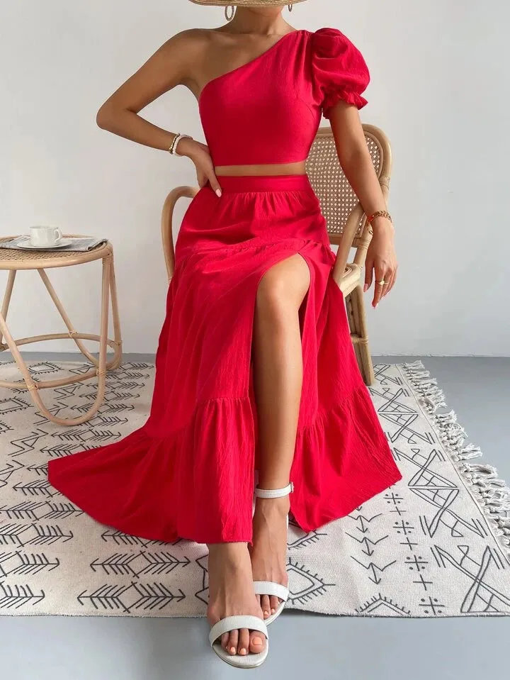 One shoulder puff sleeve crop top & split thigh skirt in red