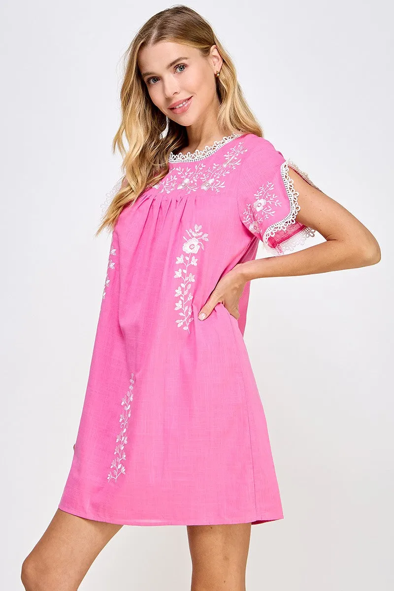 Pink and White Embroidered Dress