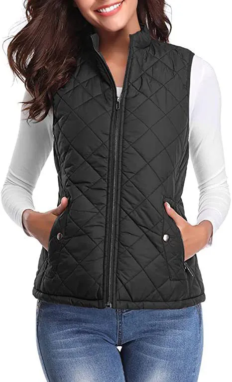 Quilted Cotton Zip Up Plaid Puffer Womens Vest