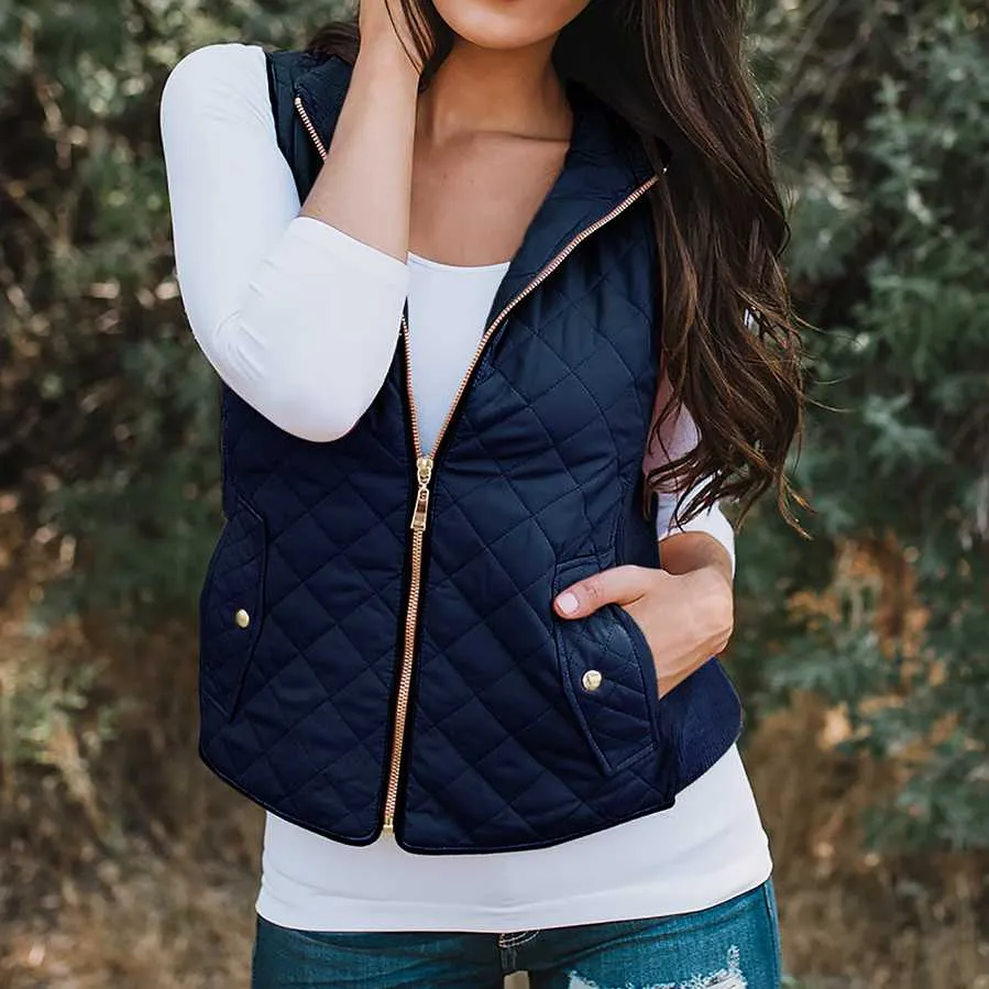 Quilted Cotton Zip Up Plaid Puffer Womens Vest