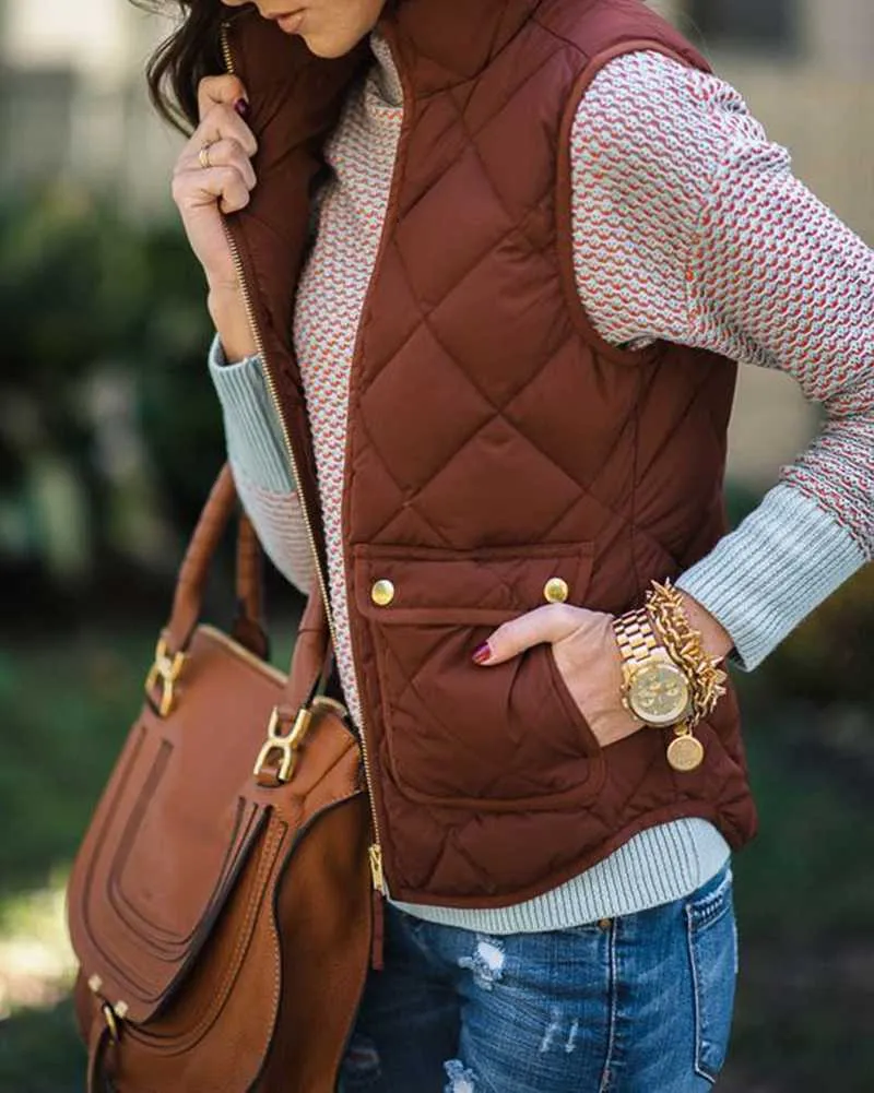 Quilted Cotton Zip Up Plaid Puffer Womens Vest