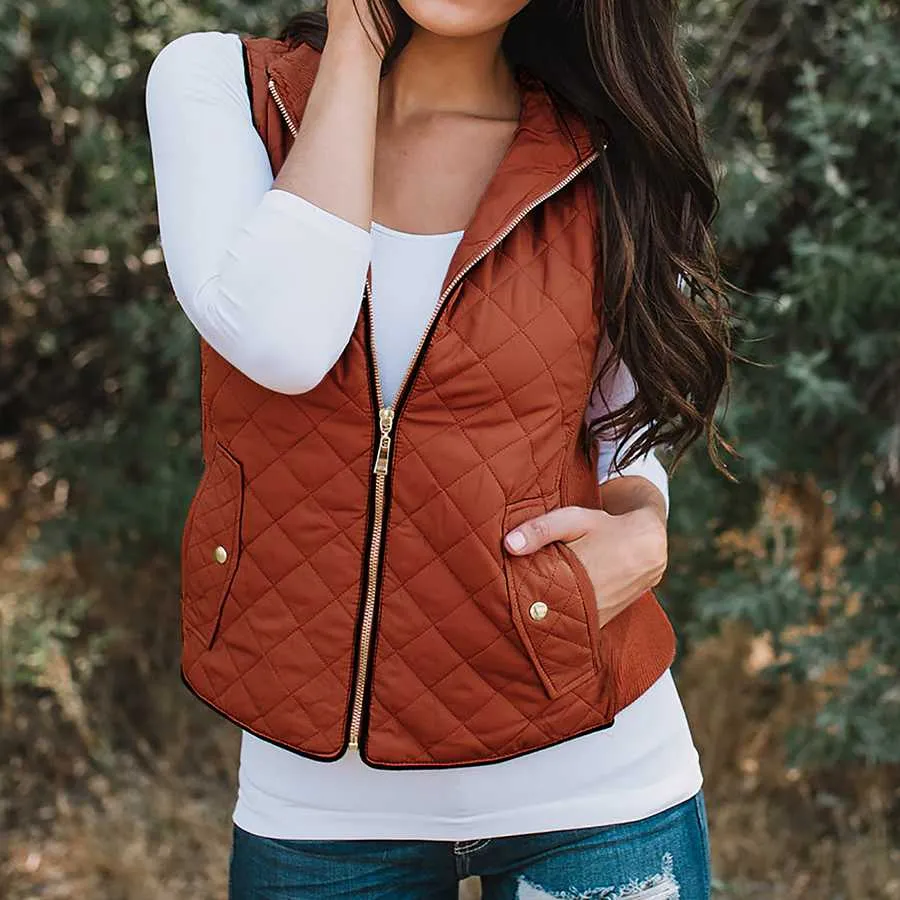 Quilted Cotton Zip Up Plaid Puffer Womens Vest