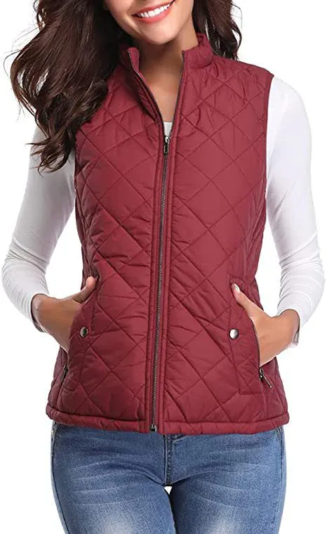 Quilted Cotton Zip Up Plaid Puffer Womens Vest