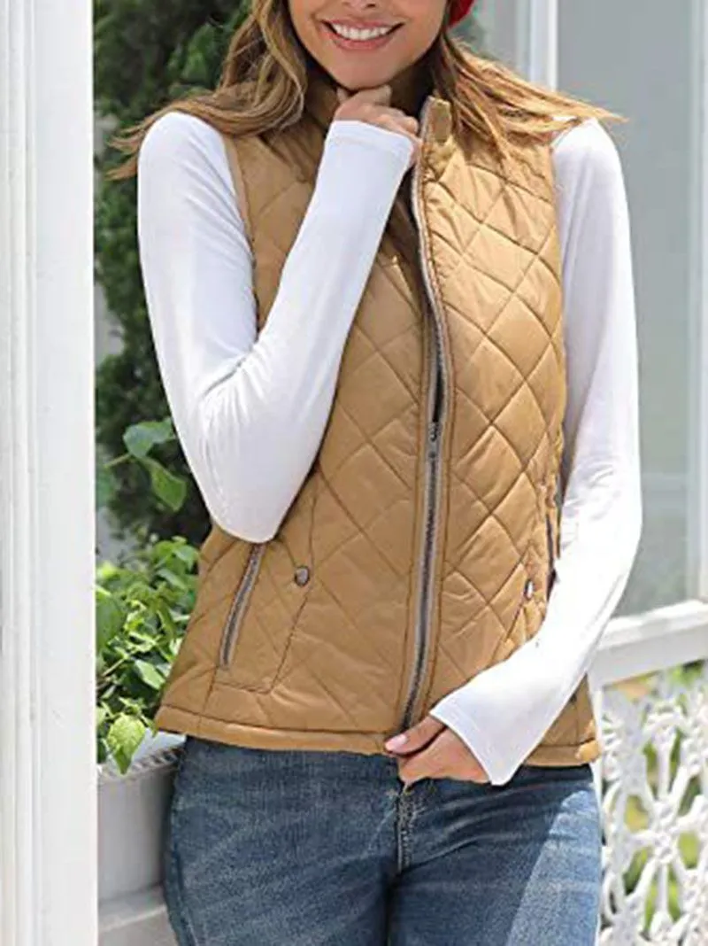 Quilted Cotton Zip Up Plaid Puffer Womens Vest