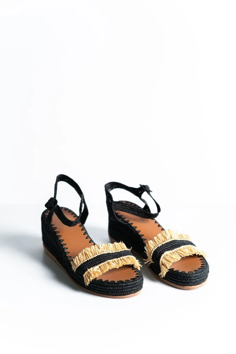 Raffia Wedge Fringe Sandal (Black with Natural Fringe)