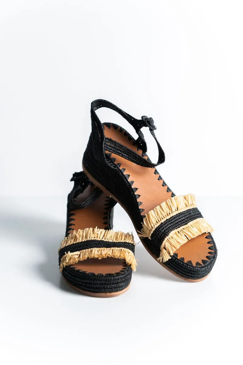 Raffia Wedge Fringe Sandal (Black with Natural Fringe)