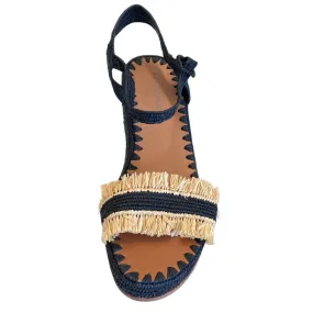 Raffia Wedge Fringe Sandal (Black with Natural Fringe)