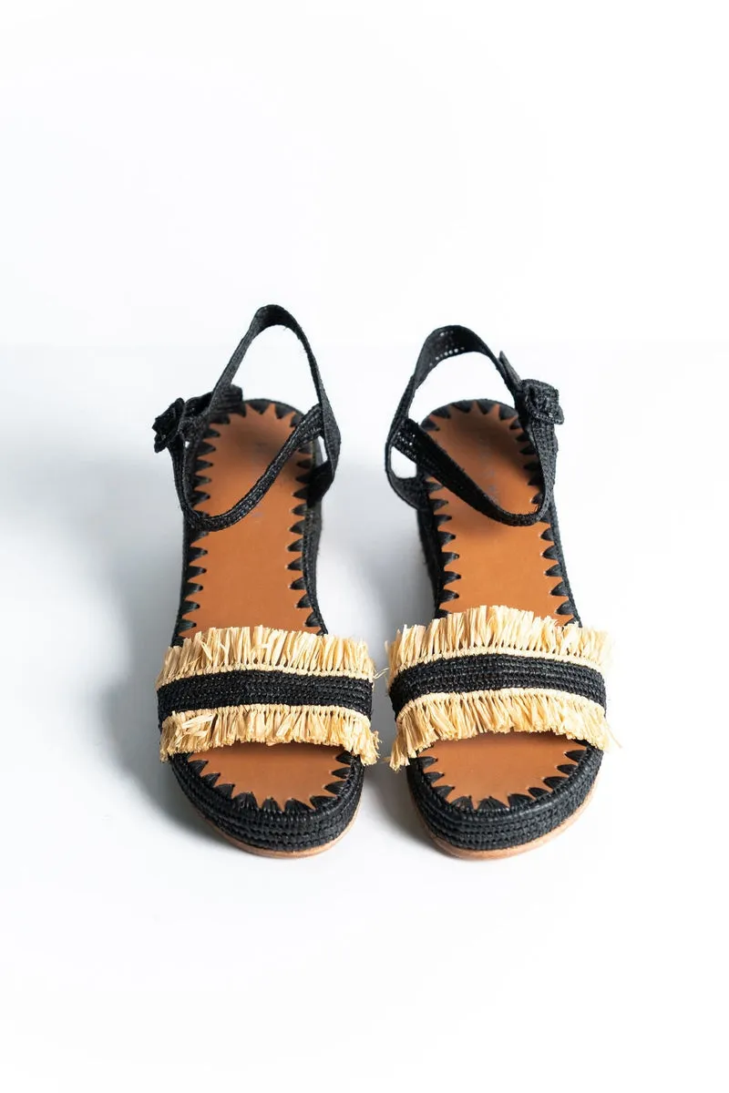 Raffia Wedge Fringe Sandal (Black with Natural Fringe)