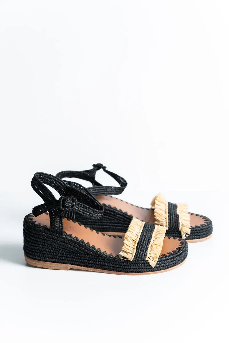 Raffia Wedge Fringe Sandal (Black with Natural Fringe)