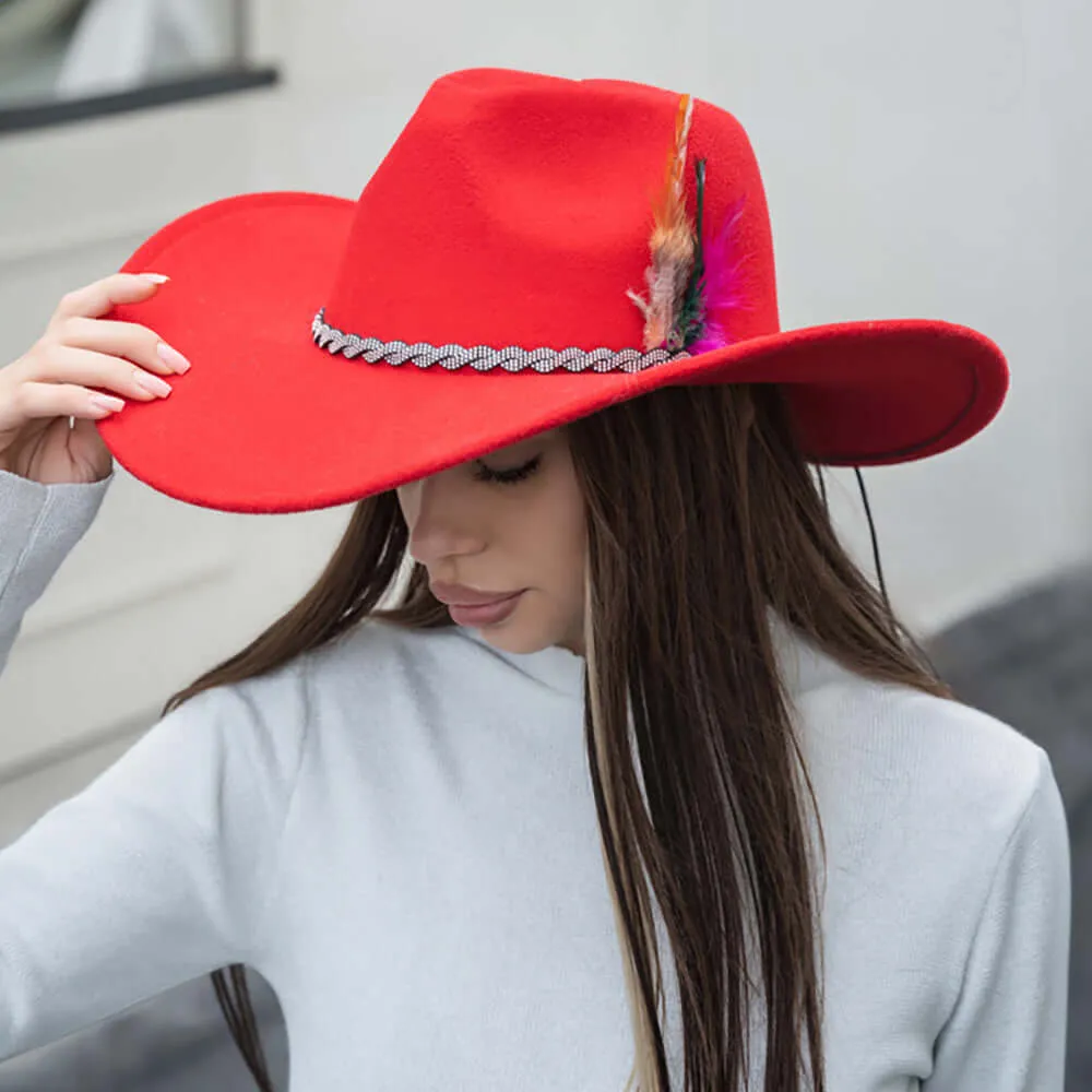 Red Feather Rhinestone Paved Twisted Band Accented Fedora Hat