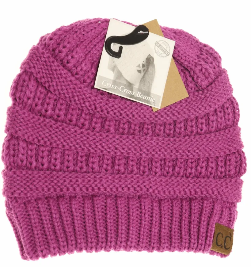 Ribbed Knit Beanie Criss-Cross Ponytail