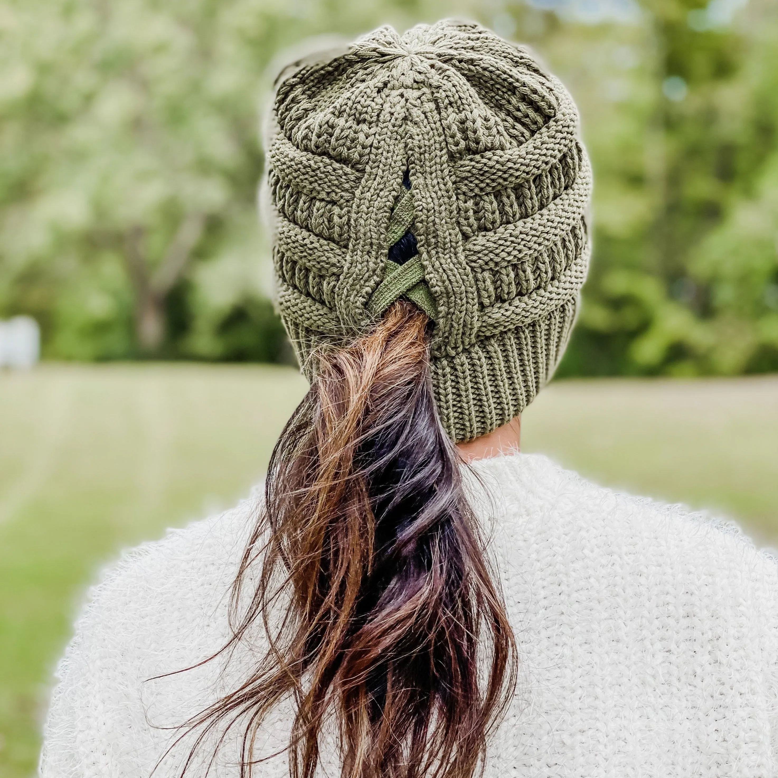 Ribbed Knit Beanie Criss-Cross Ponytail