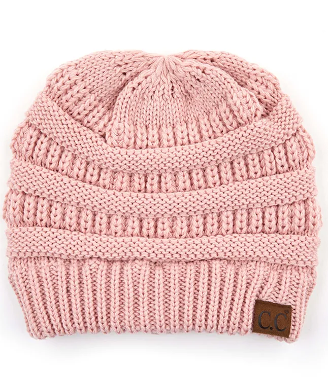 Ribbed Knit Beanie Criss-Cross Ponytail