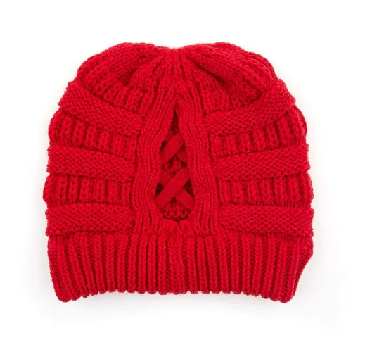 Ribbed Knit Beanie Criss-Cross Ponytail