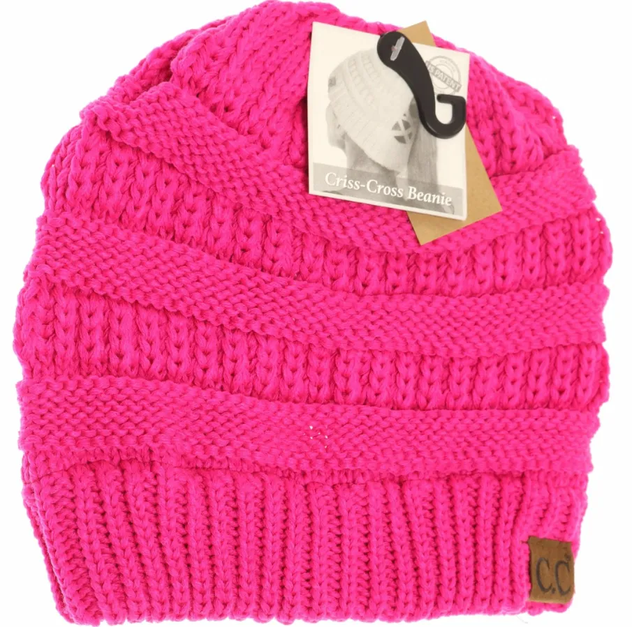 Ribbed Knit Beanie Criss-Cross Ponytail