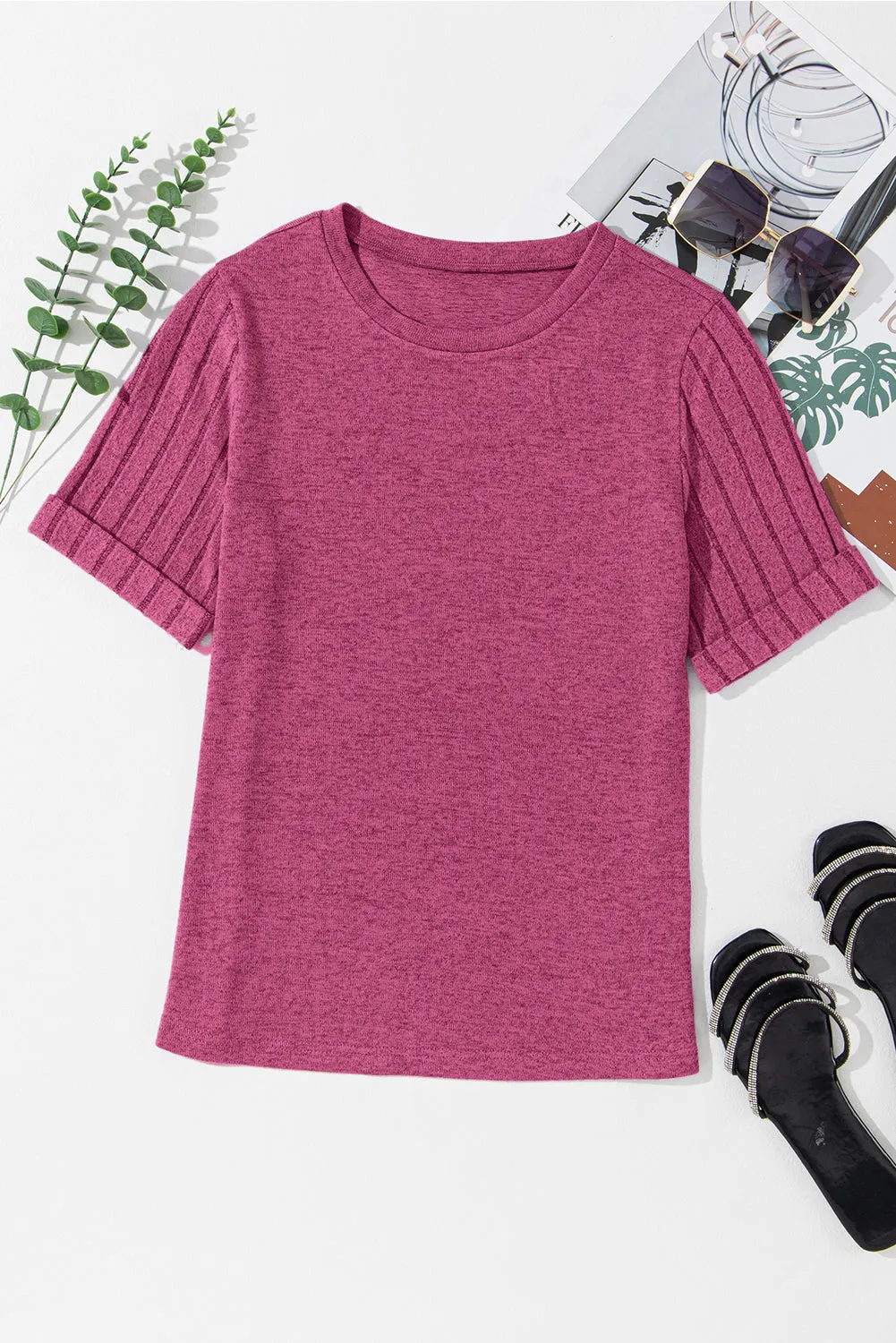 Ribbed Splicing Sleeve Round Neck T-shirt