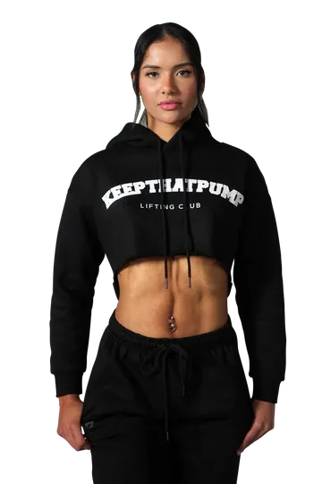 SERIES 1 CROPPED LIFTING CLUB HOODIE - BLACK WITH BABY PINK LOGO