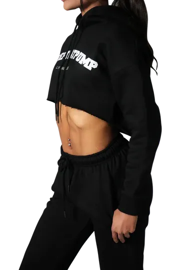 SERIES 1 CROPPED LIFTING CLUB HOODIE - BLACK WITH BABY PINK LOGO