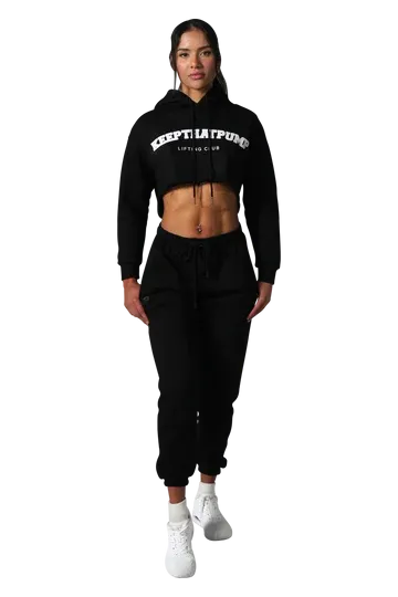 SERIES 1 CROPPED LIFTING CLUB HOODIE - BLACK WITH BABY PINK LOGO