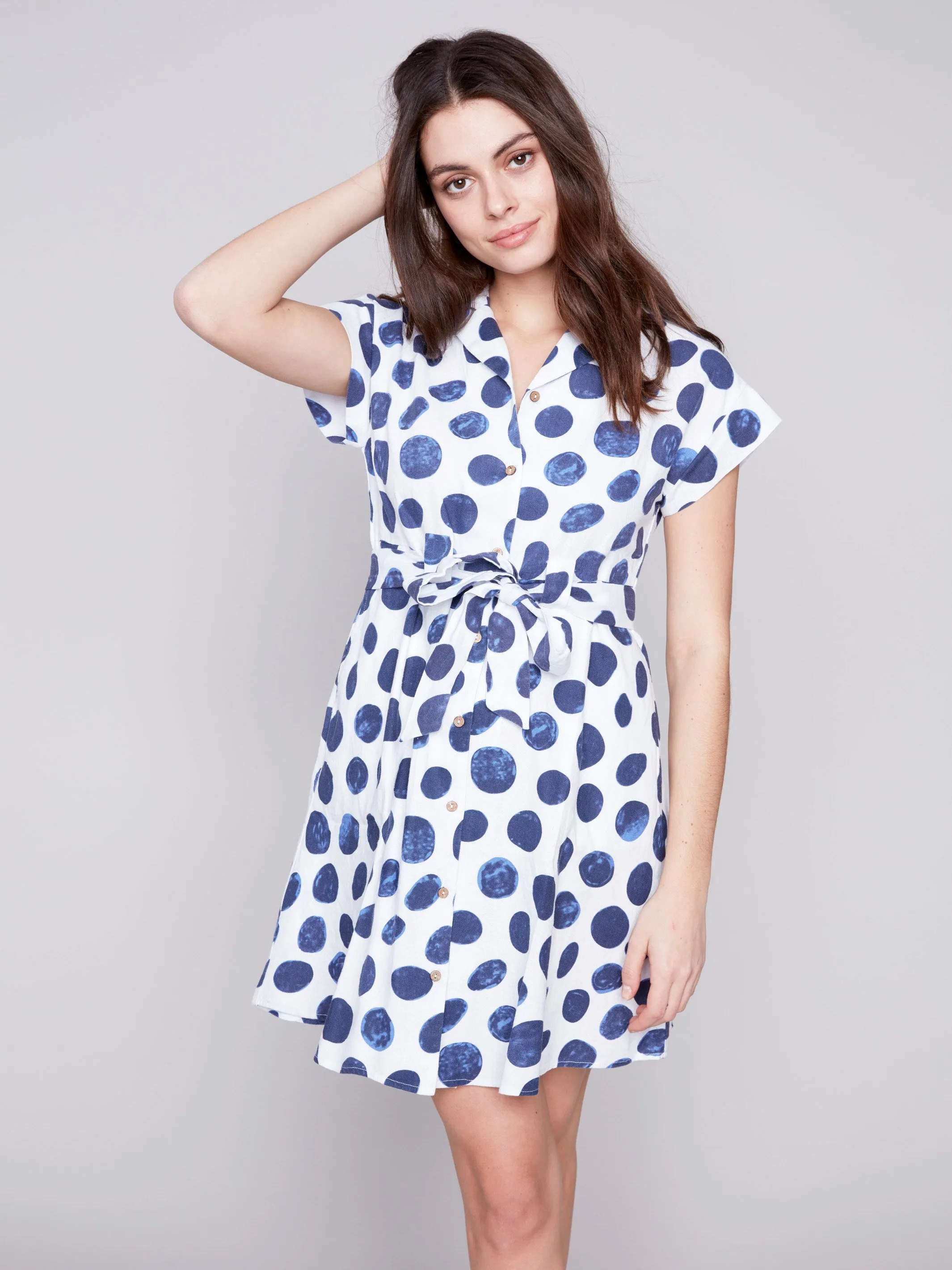 Short-Sleeved Button-Front Dress - Dots