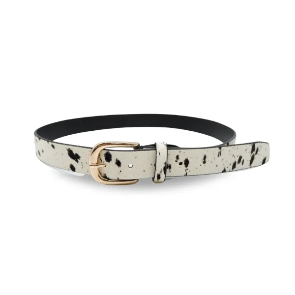 SNOWY - Women's White Genuine Leather Belt With Cow Print/Speckles