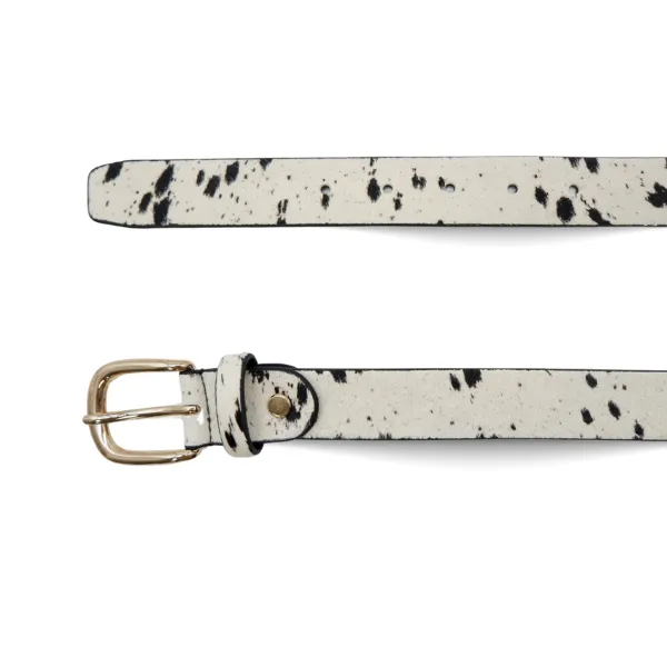 SNOWY - Women's White Genuine Leather Belt With Cow Print/Speckles