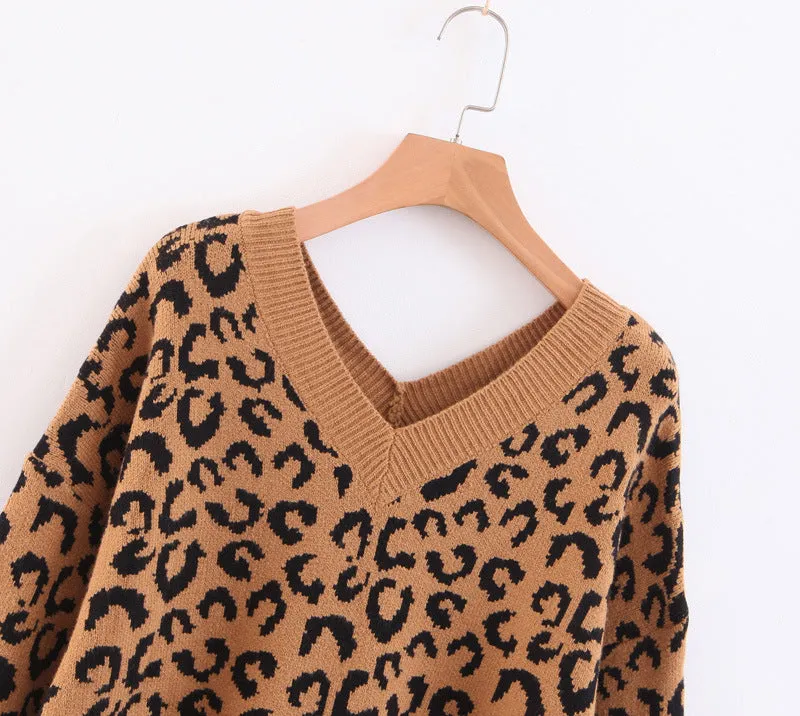 Soft Oversized V Neck Leopard Mohair Sweaters For Women