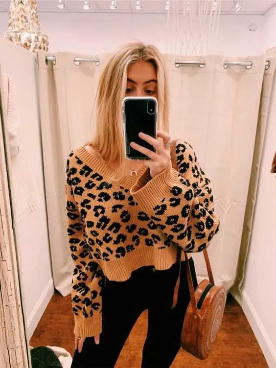 Soft Oversized V Neck Leopard Mohair Sweaters For Women