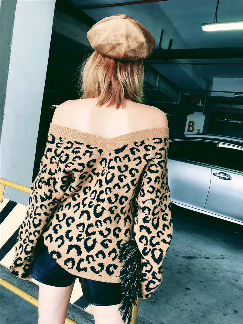 Soft Oversized V Neck Leopard Mohair Sweaters For Women