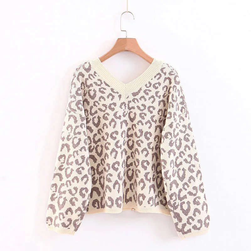 Soft Oversized V Neck Leopard Mohair Sweaters For Women