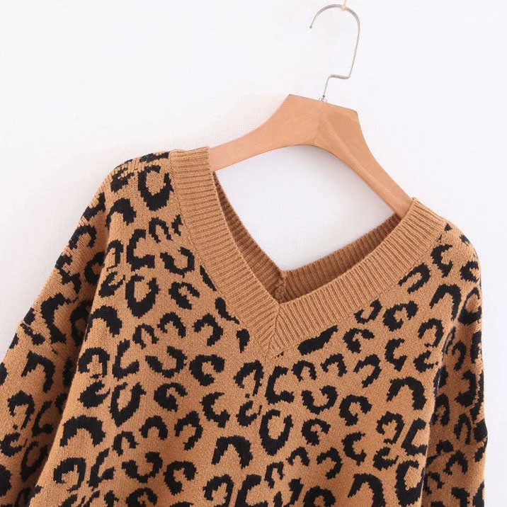 Soft Oversized V Neck Leopard Mohair Sweaters For Women