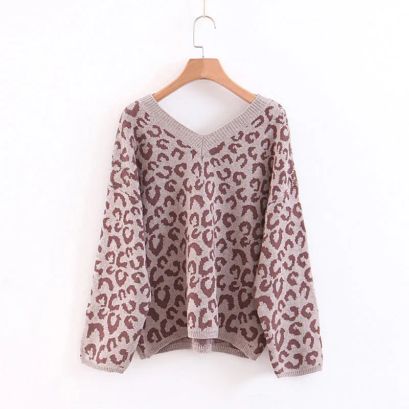 Soft Oversized V Neck Leopard Mohair Sweaters For Women