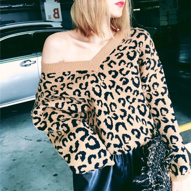 Soft Oversized V Neck Leopard Mohair Sweaters For Women