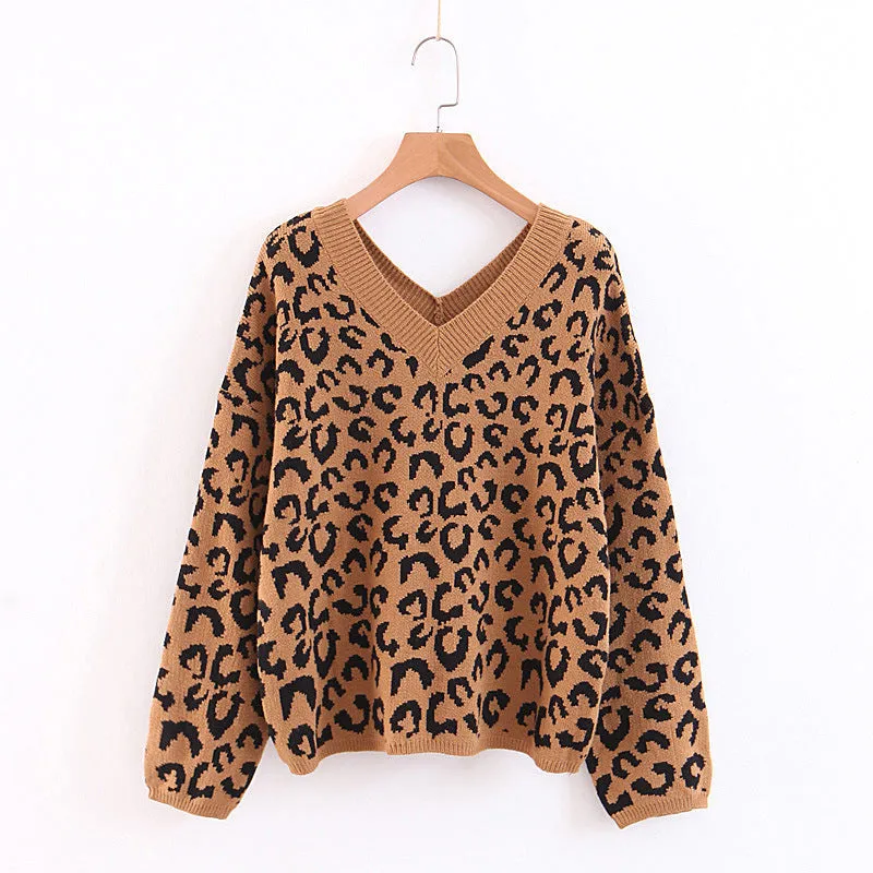 Soft Oversized V Neck Leopard Mohair Sweaters For Women