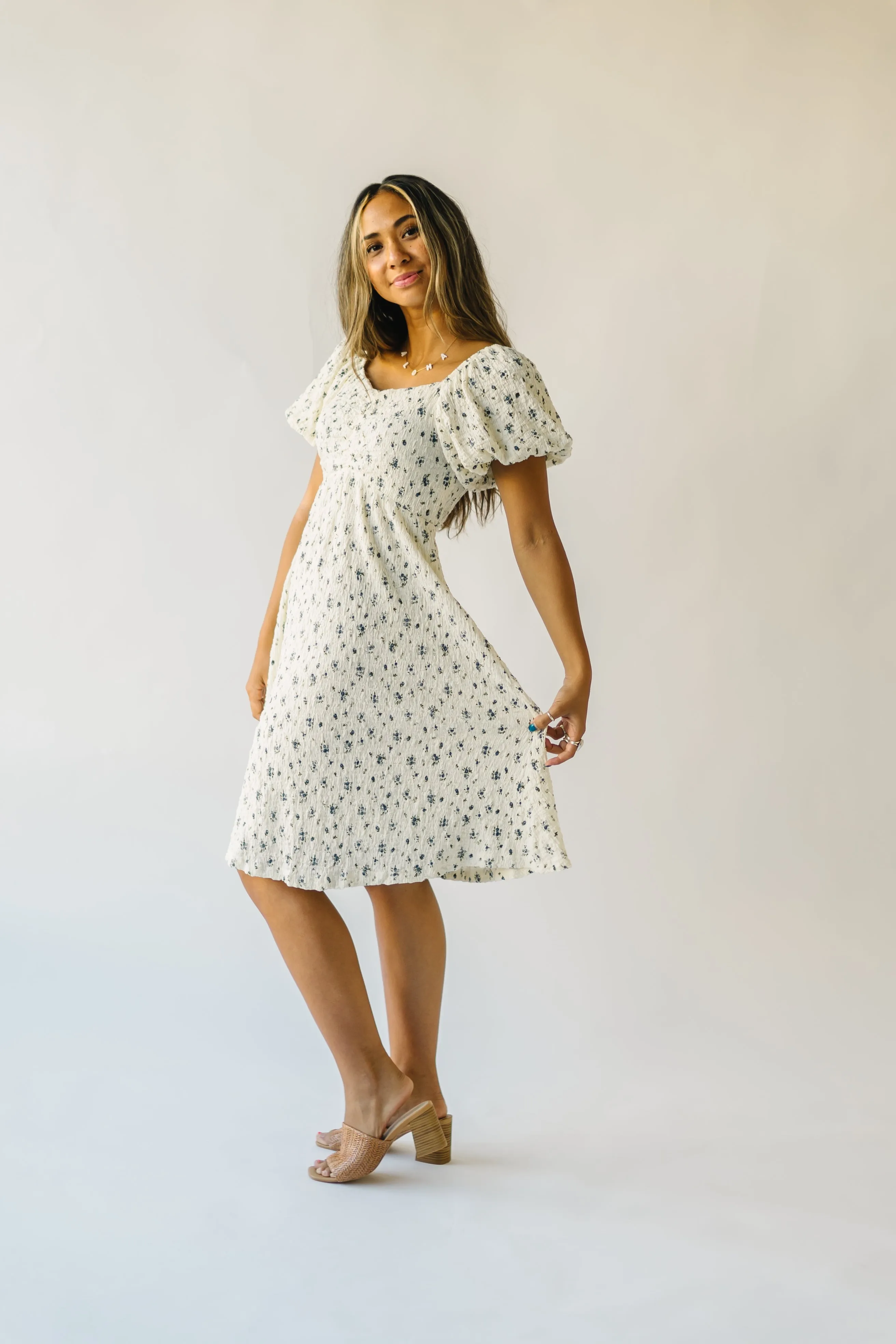 The Breckin Textured Dress in Ivory   Blue