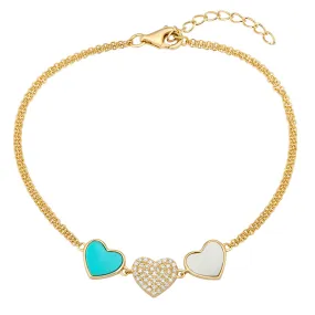 Three Gemstone Heart Bracelet