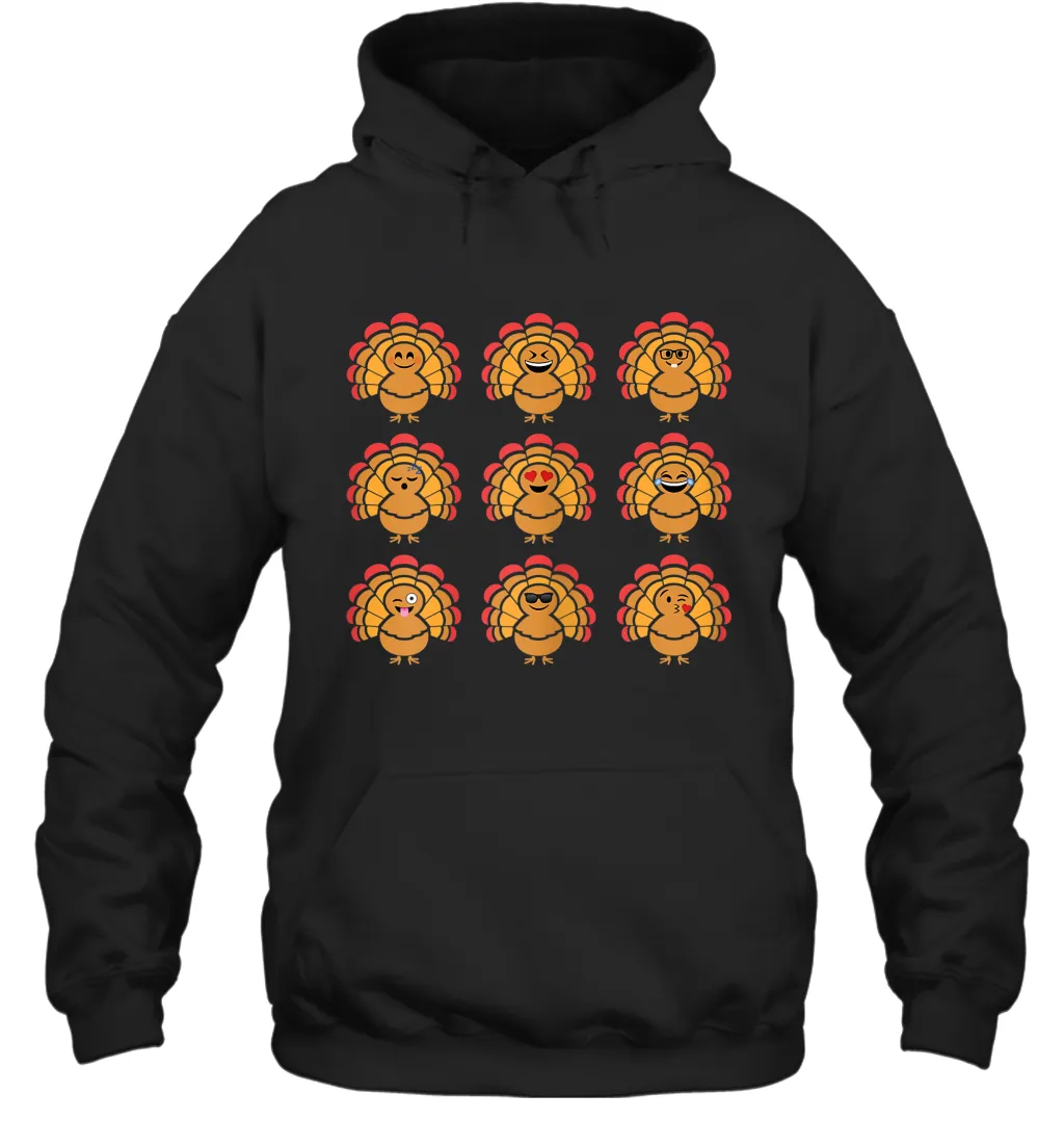 Trending Turkey Face Emoij Characters Collage Funny Thanksgiving Hoodie