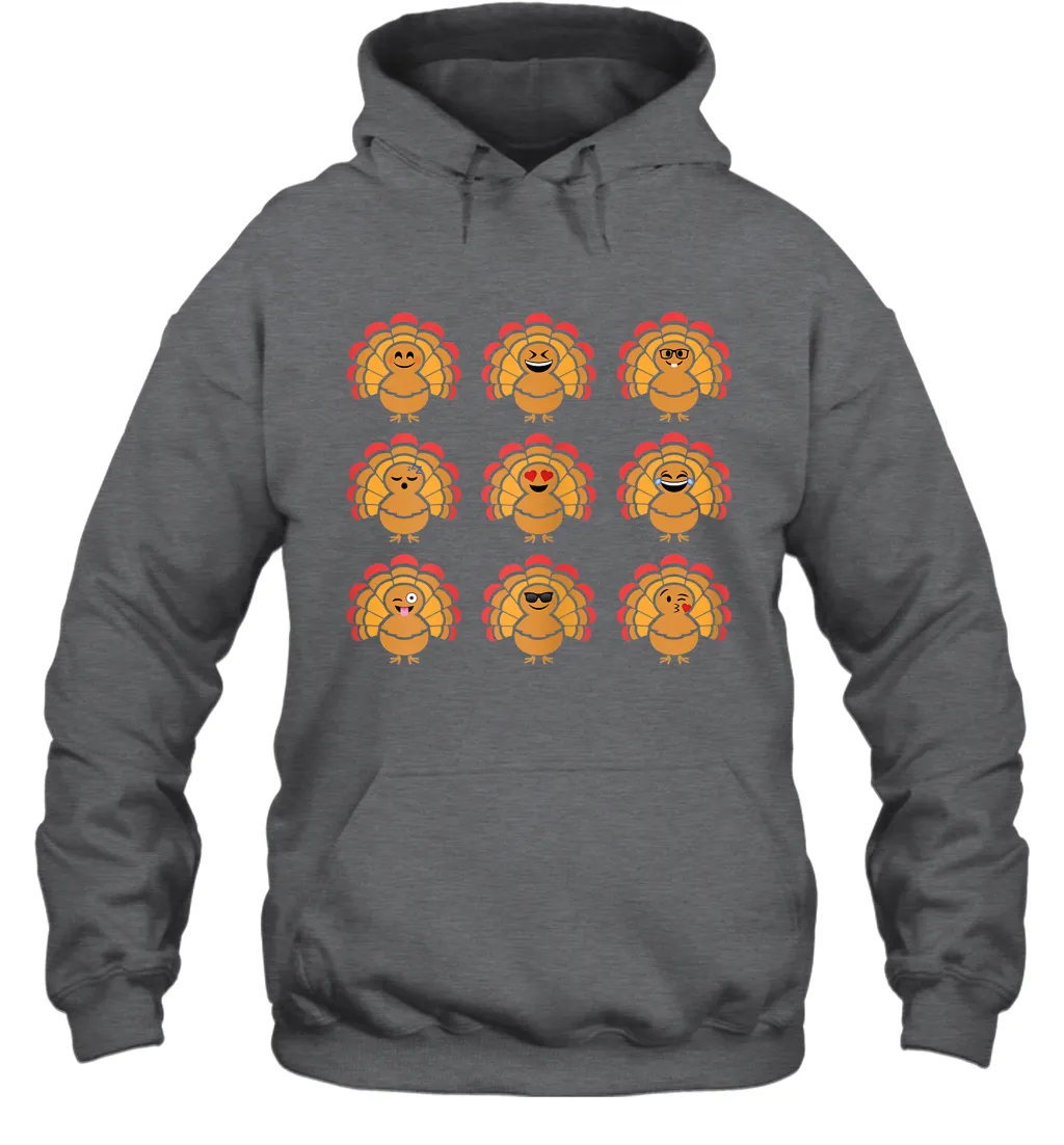 Trending Turkey Face Emoij Characters Collage Funny Thanksgiving Hoodie