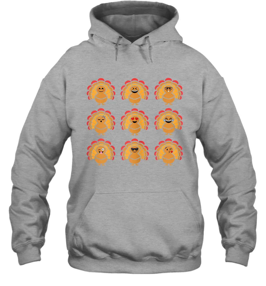 Trending Turkey Face Emoij Characters Collage Funny Thanksgiving Hoodie