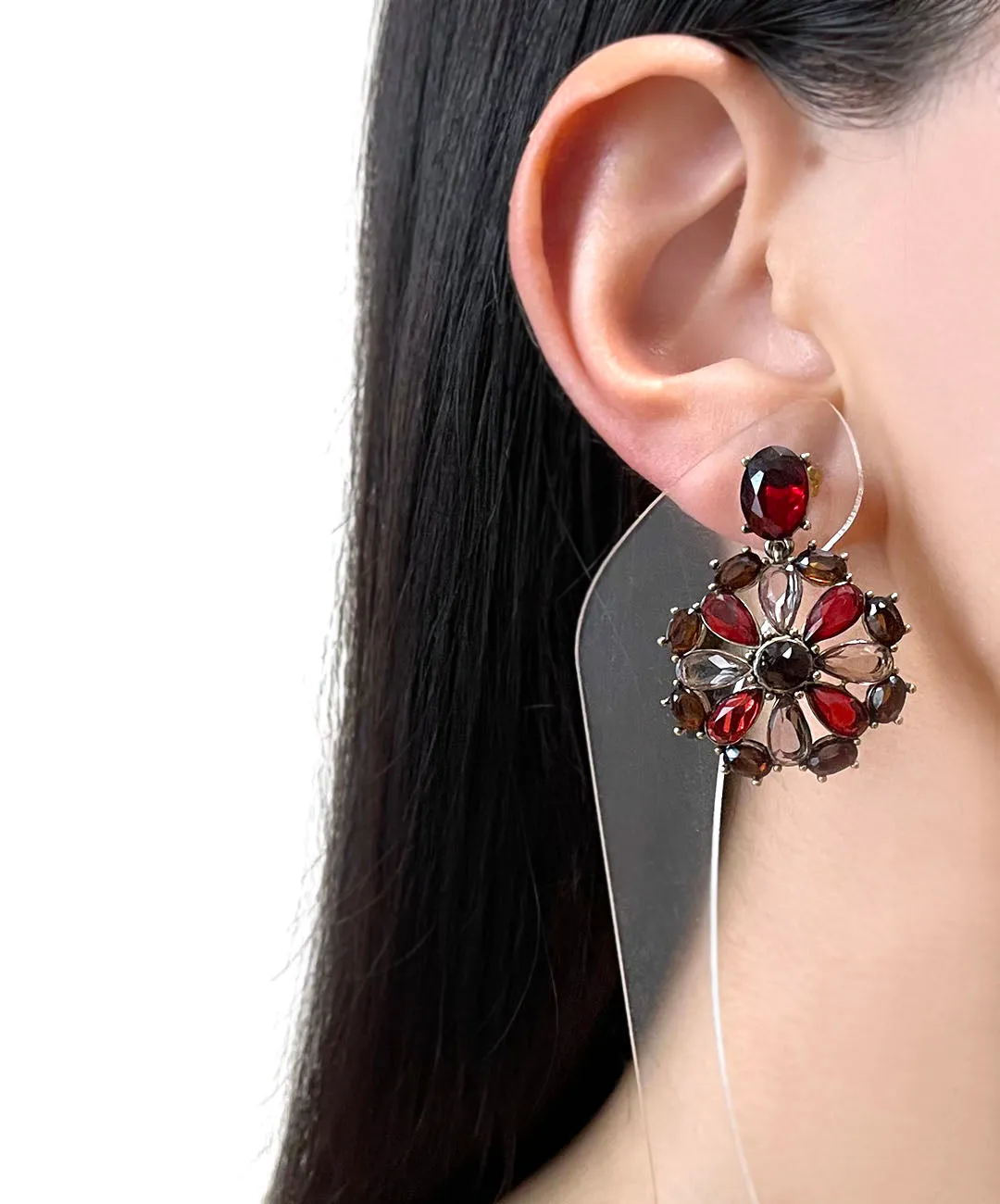 【USA輸入】ヴィンテージ MONET ガーネットレッド フローラル ビジュー ピアス/Vintage MONET Garnet Floral Bijou Earrings