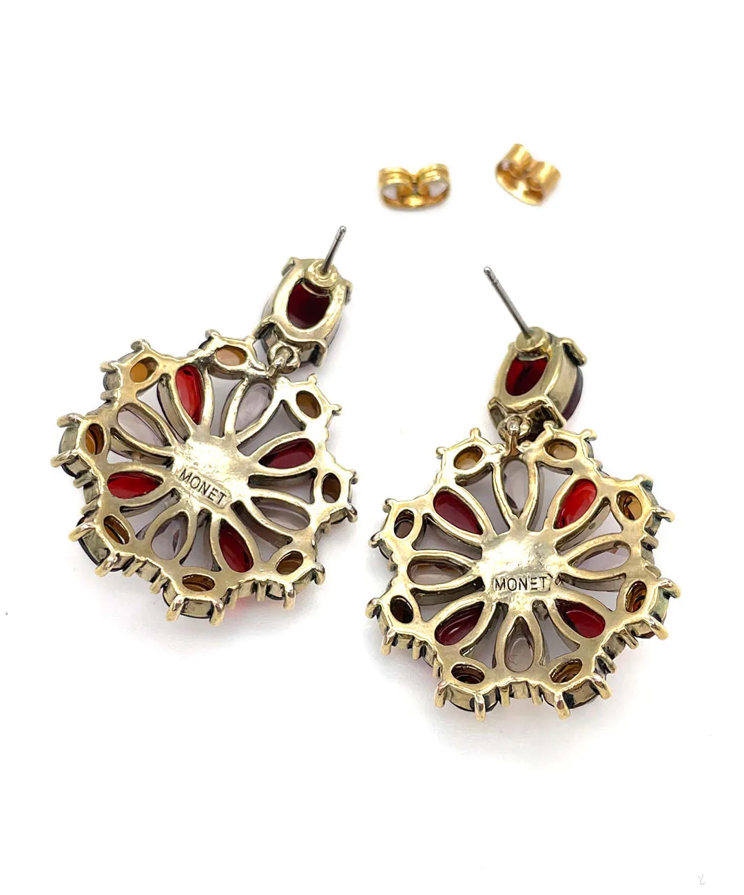 【USA輸入】ヴィンテージ MONET ガーネットレッド フローラル ビジュー ピアス/Vintage MONET Garnet Floral Bijou Earrings