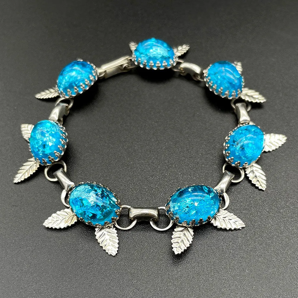 【USA輸入】ヴィンテージ ネオンブルー フォイルガラス フローラル ブレスレット/Vintage Blue Foil Glass Floral Bracelet