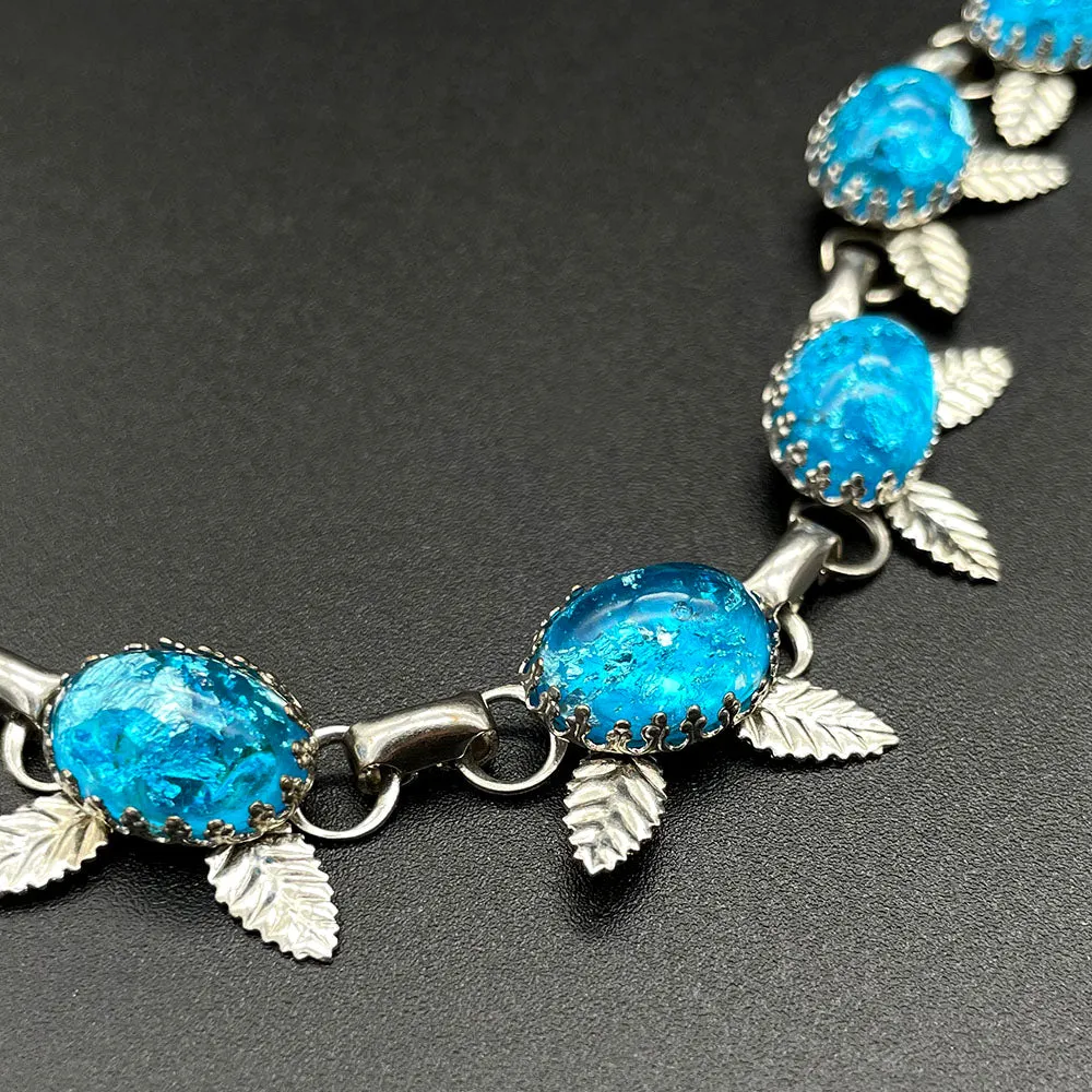 【USA輸入】ヴィンテージ ネオンブルー フォイルガラス フローラル ブレスレット/Vintage Blue Foil Glass Floral Bracelet