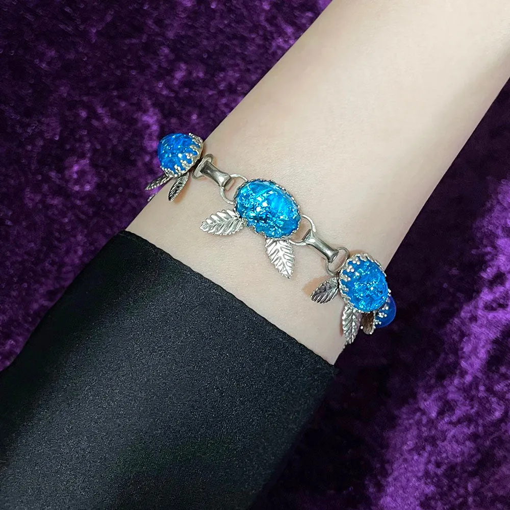 【USA輸入】ヴィンテージ ネオンブルー フォイルガラス フローラル ブレスレット/Vintage Blue Foil Glass Floral Bracelet