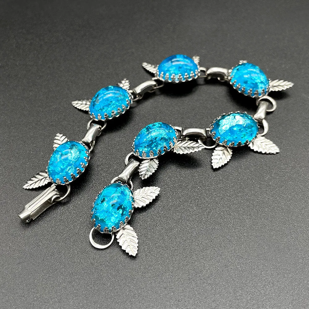 【USA輸入】ヴィンテージ ネオンブルー フォイルガラス フローラル ブレスレット/Vintage Blue Foil Glass Floral Bracelet