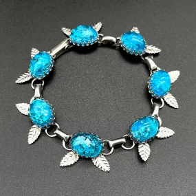 【USA輸入】ヴィンテージ ネオンブルー フォイルガラス フローラル ブレスレット/Vintage Blue Foil Glass Floral Bracelet