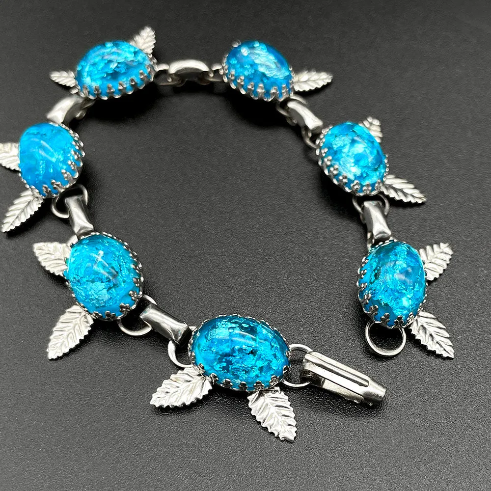 【USA輸入】ヴィンテージ ネオンブルー フォイルガラス フローラル ブレスレット/Vintage Blue Foil Glass Floral Bracelet