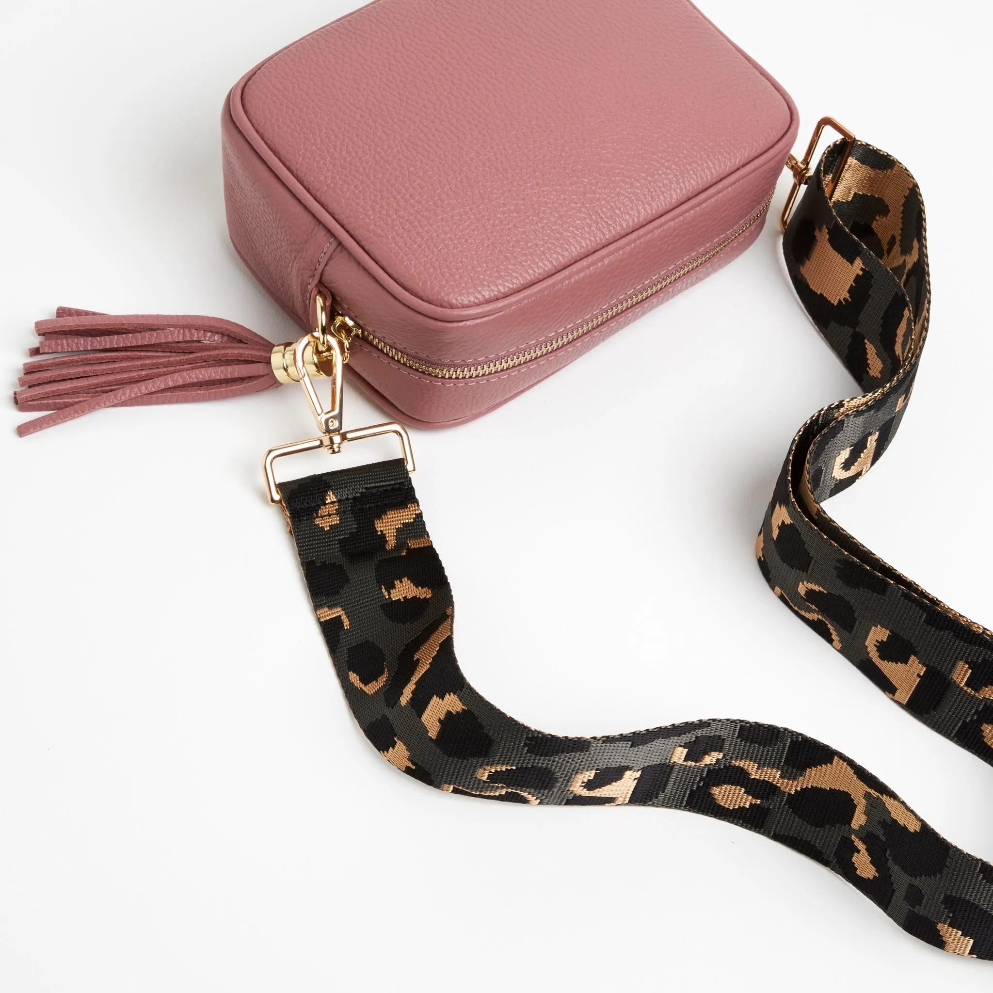 Verona Crossbody Tassel Antique Pink Bag with Dark Leopard Strap