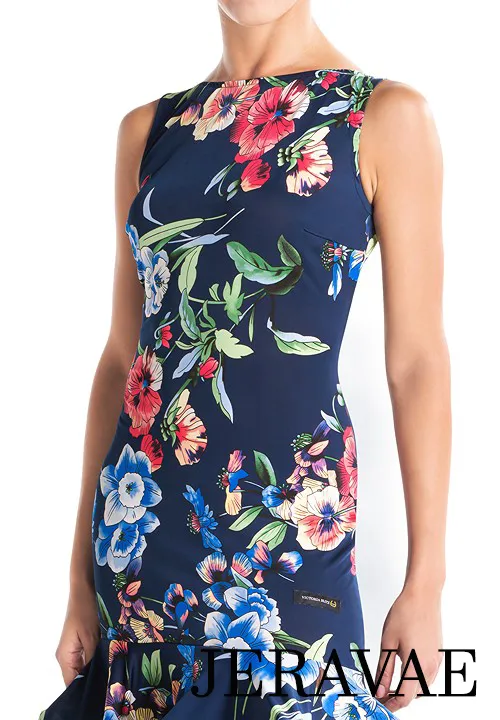 Victoria Blitz SORRENTO Sleeveless Navy Blue Floral Latin Practice Dress with Boat Neck and Wrapped Horsehair Hem Available in Sizes XS-3XL PRA 999 in Stock