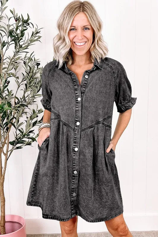 Women Ruffled Short Sleeve Buttoned Denim Dress